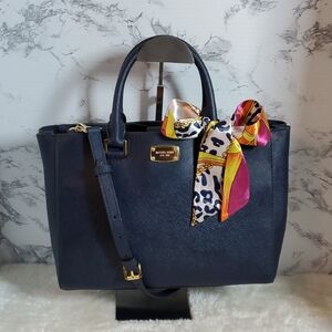 Michael Kors Kellen Medium Satchel Dark Blue Saffiano Leather